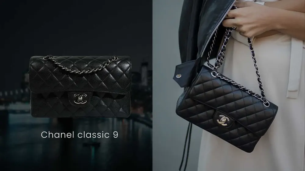 Black Chanel Classic 9 with silver-tone hardware, shown alone and carried on its chain