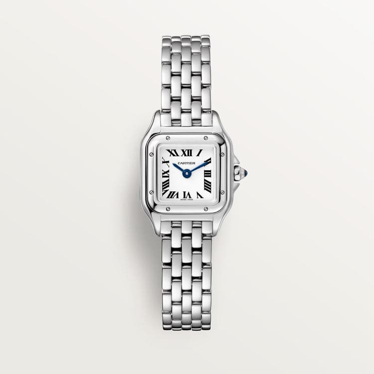 Front view of a small steel Cartier Panthère watch