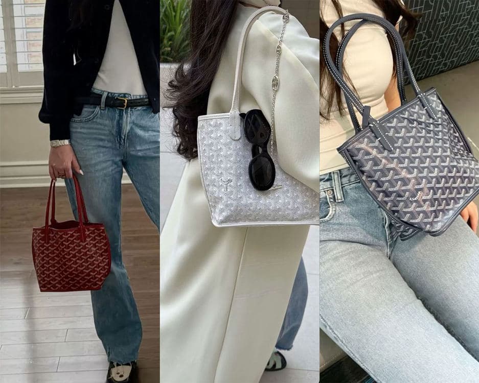街拍拼图展示红色、白色与灰色 Goyard Anjou Mini 托特包