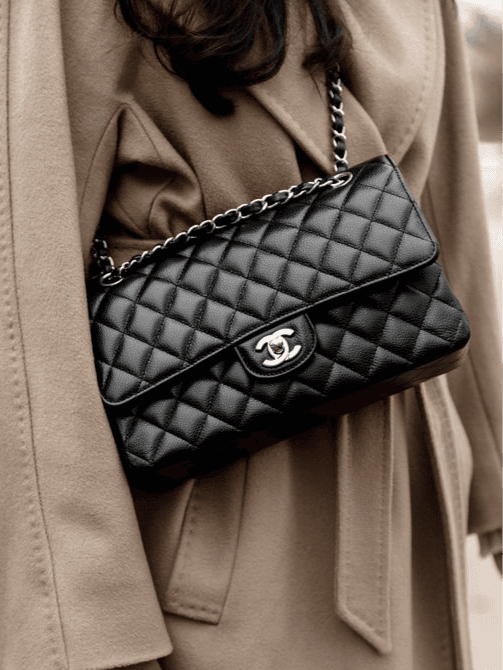 Black Chanel Classic Flap worn on its chain over a camel coat