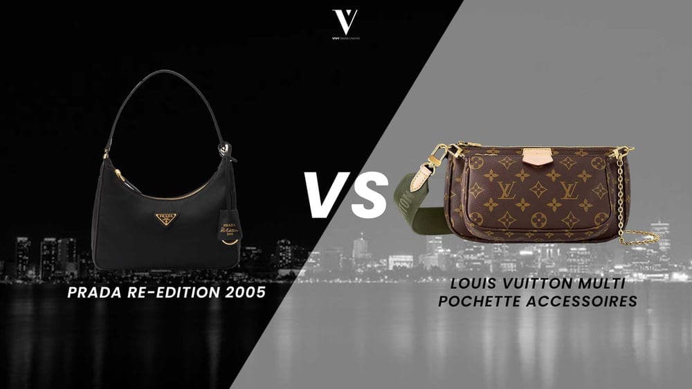 Black Prada Re-Edition 2005 beside a Louis Vuitton Multi Pochette Accessoires