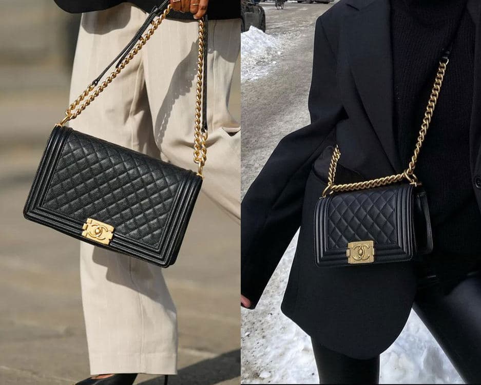 两只黑色绗缝 Chanel Boy 手袋,均以链带肩背