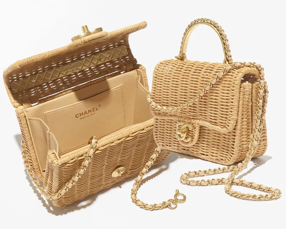 Chanel raffia flap bag shown open and closed with a gold-colour chain
