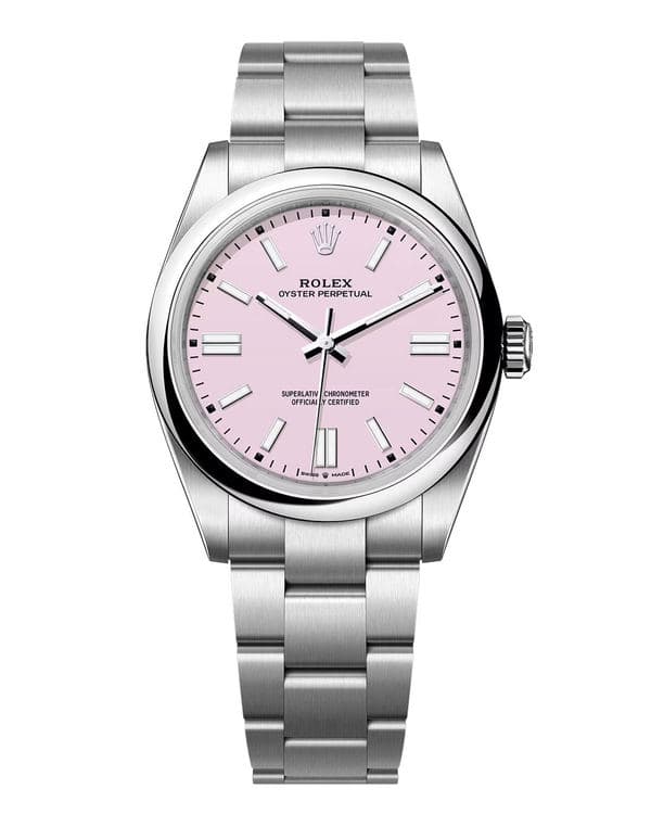 Steel Rolex Oyster Perpetual 31 watch with a pink dial