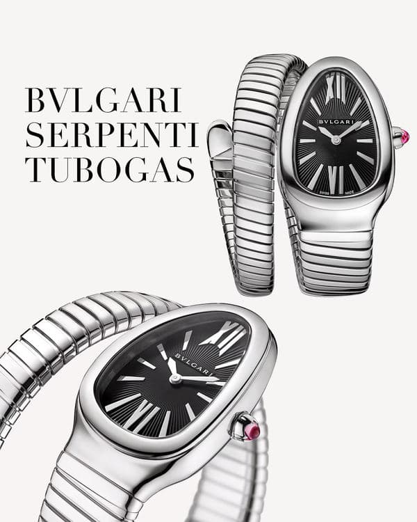 Bvlgari Serpenti Tubogas watch with a black dial, shown from multiple angles