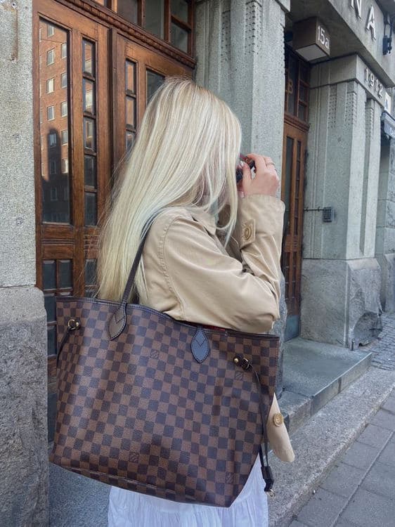 Woman carrying a Louis Vuitton Damier Ebene Neverfull by the shoulder straps