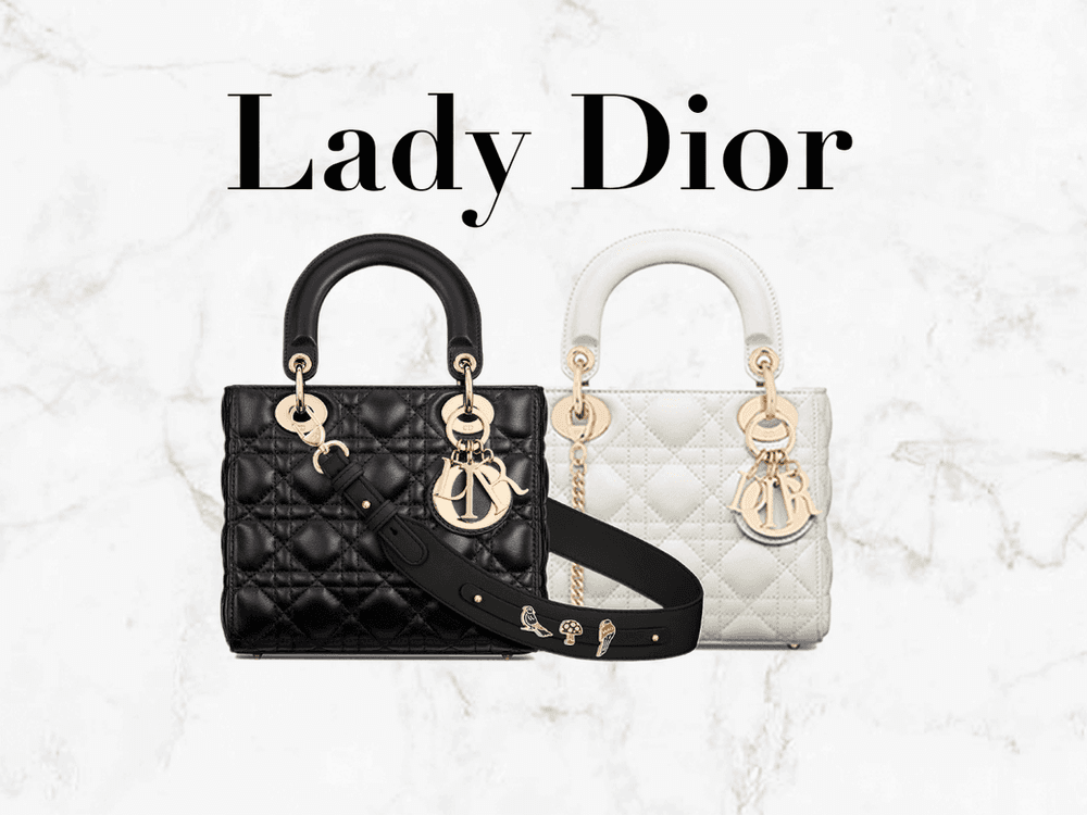 Black and white Lady Dior bags with gold-tone charms