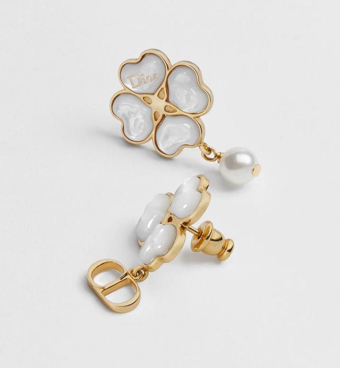 Pair of Dior clover earrings with white inlays and pearl drops