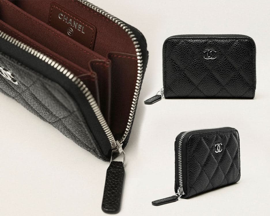 Black quilted Chanel coin purses shown closed and open with burgundy lining