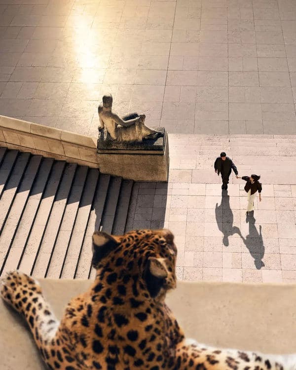 Overhead city scene with a leopard on a ledge and a couple walking below