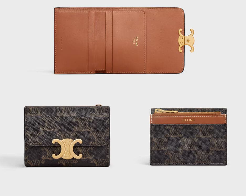 Celine Triomphe canvas trifold wallet shown from multiple angles