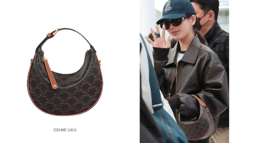 棕色字母图案 Celine Lulu 的单独展示与戴帽女士的上身效果