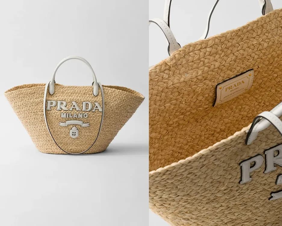 Prada raffia tote with white handles and a close-up of its logo