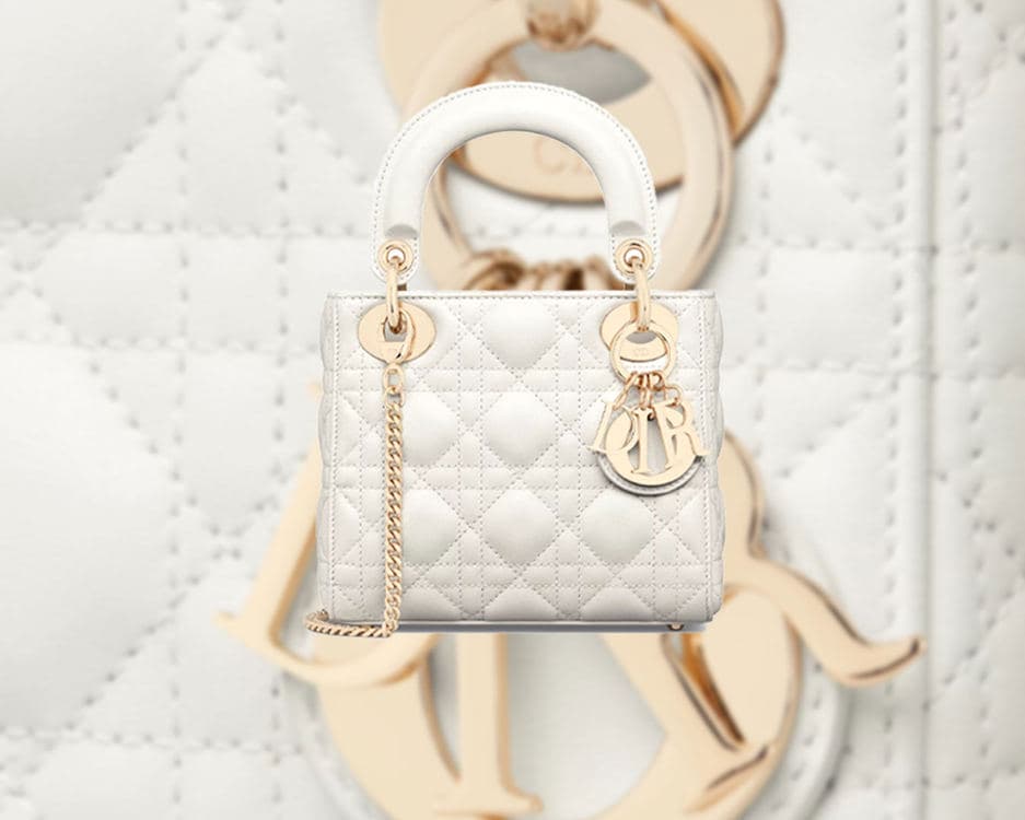 White Lady Dior Mini with Cannage stitching and pale gold D.I.O.R. charms