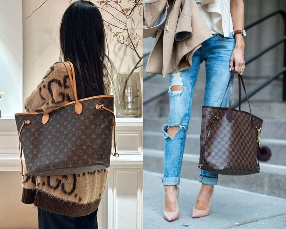 Monogram 与 Damier Ebene 图案的 Louis Vuitton Neverfull 托特包