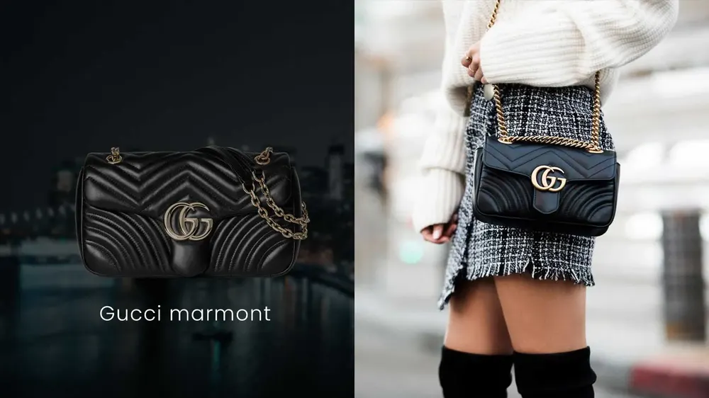 Black Gucci Marmont 26, shown alone and styled crossbody with a tweed skirt