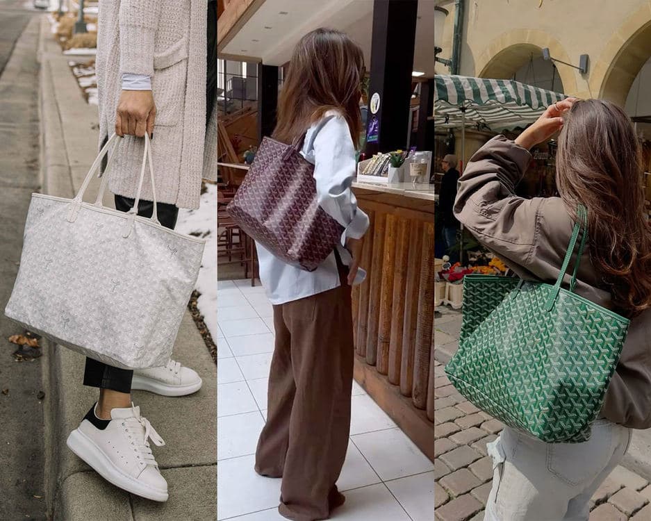 街拍拼图展示灰色、酒红色与绿色 Goyard Saint Louis 托特包