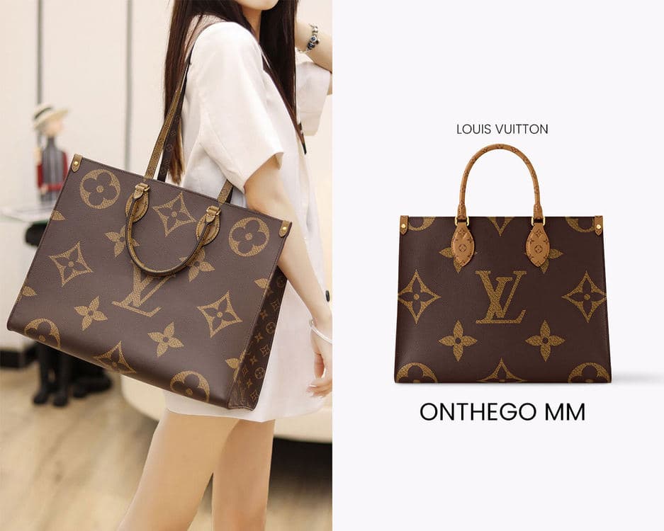 Louis Vuitton Onthego MM 采用 Monogram 与 Reverse Monogram 图案,展示单品与上身效果