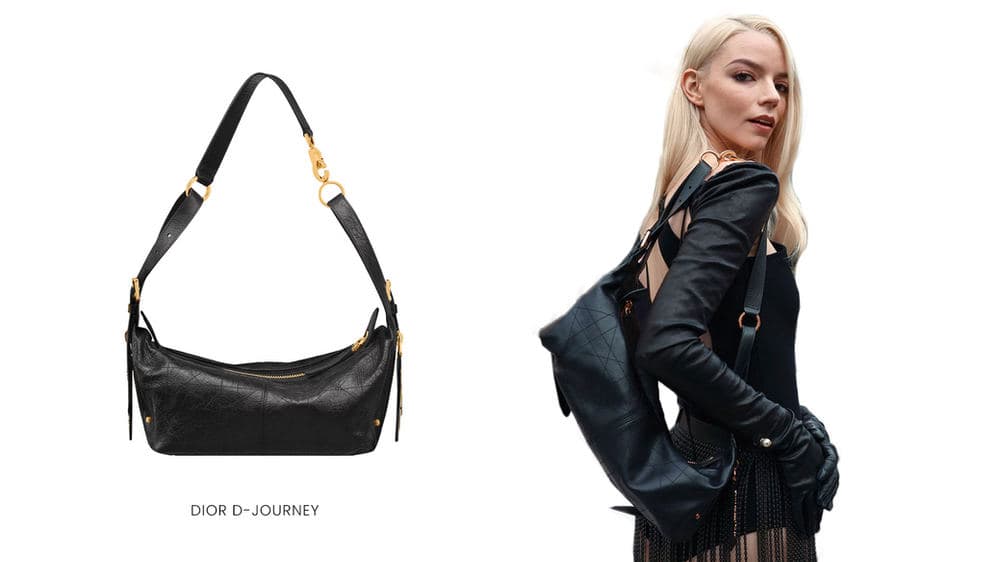黑色 Dior D-Journey 的单独展示与模特肩背效果