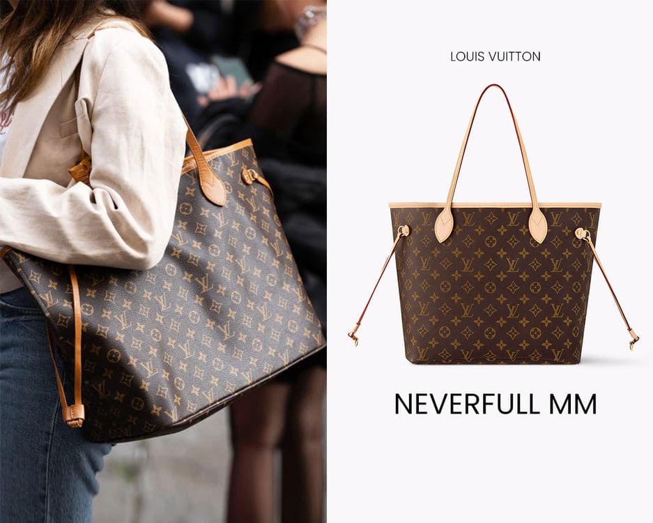 Monogram Louis Vuitton Neverfull MM,展示单品与肩背效果