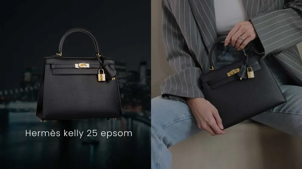 Black Hermès Kelly 25 Epsom, shown alone and carried by a woman in a striped blazer