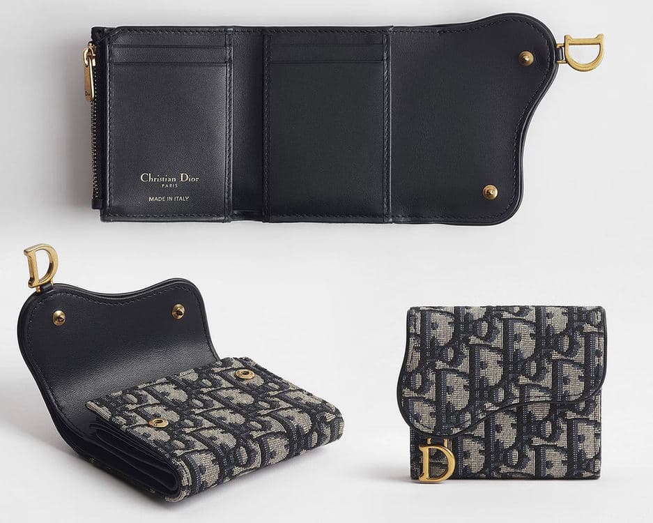 Dior Saddle Lotus wallets in black and Dior Oblique, shown open and closed