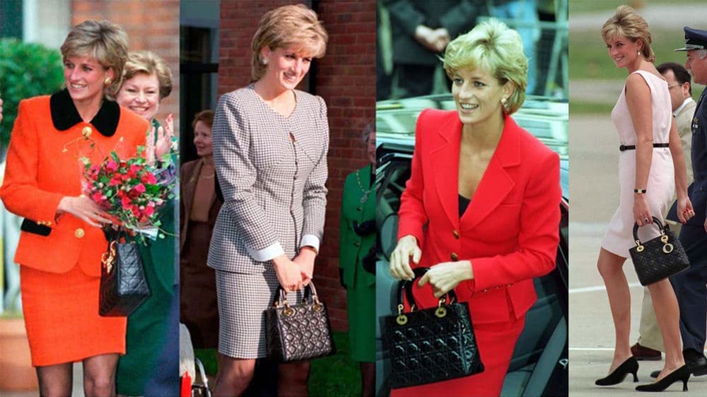 Princess Diana carrying a black Lady Dior in four archival scenes
