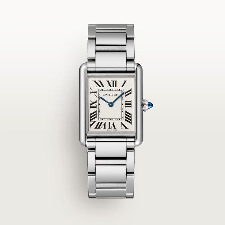 Front view of a steel Cartier Tank Must watch