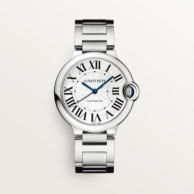 Steel Cartier Ballon Bleu watch with a Roman-numeral dial