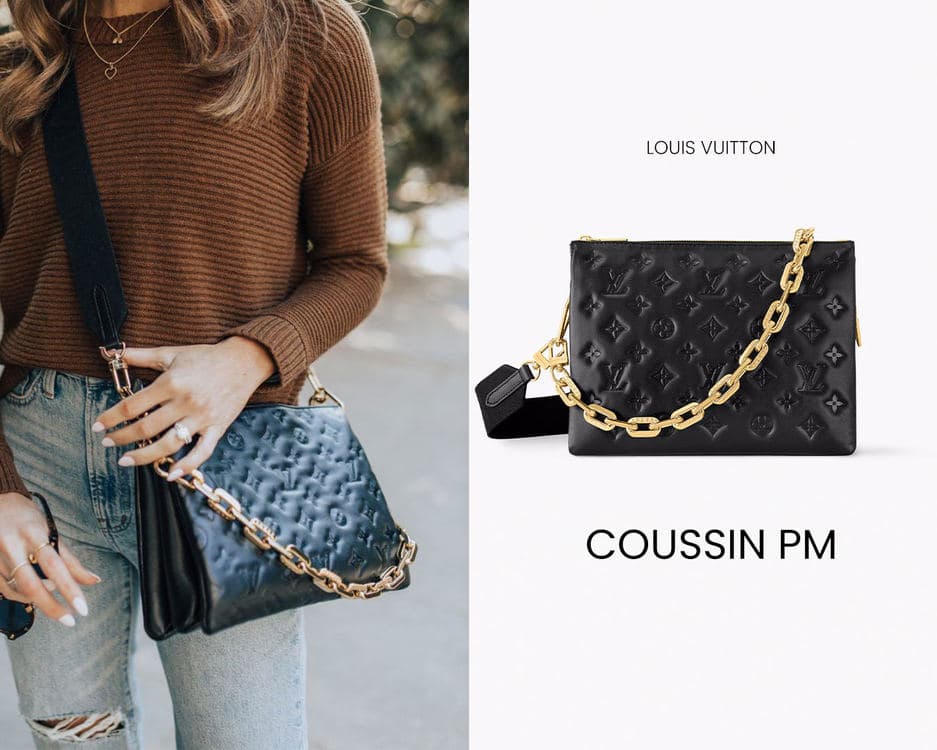黑色与蓝色 Louis Vuitton Coussin PM,展示单品与肩背效果