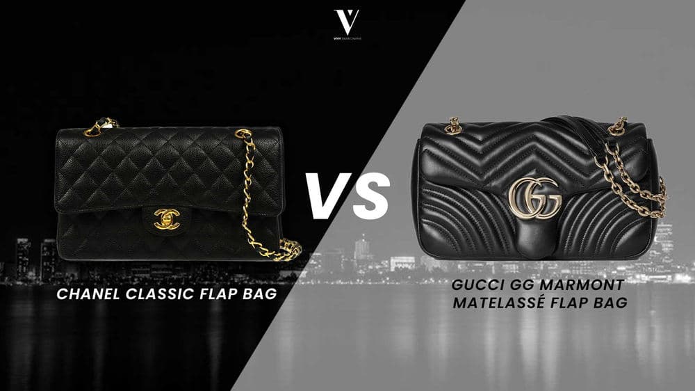 Side-by-side comparison of black Chanel Classic Flap and Gucci GG Marmont bags