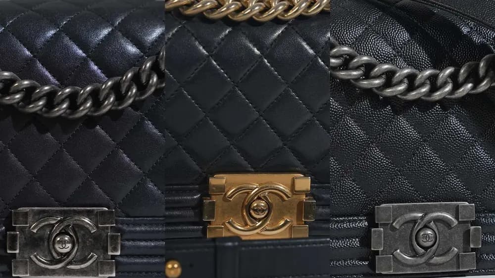 Close-up collage of black Chanel Boy bags showing quilting, chains and CC locks