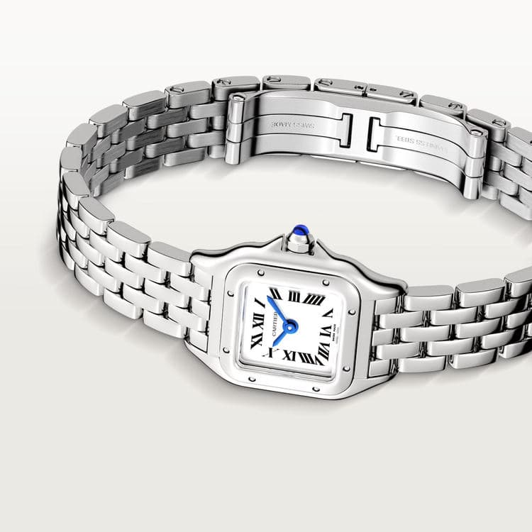 Angled view of a steel Cartier Panthère watch and bracelet