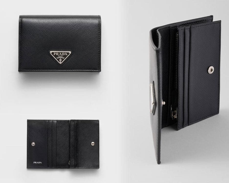 Black Prada Saffiano wallet shown from the front, back and inside