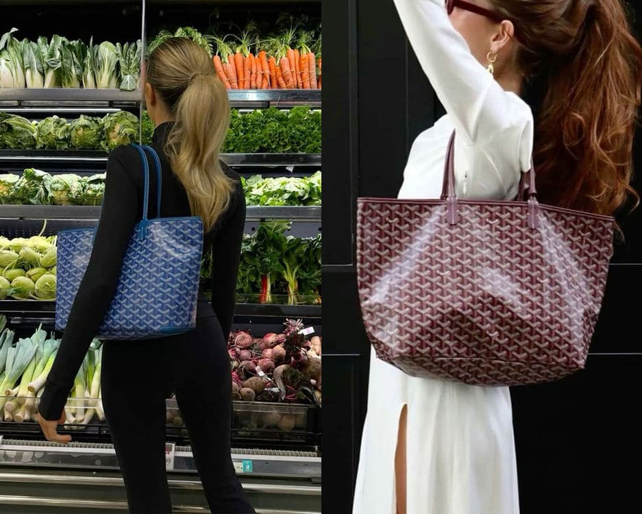蓝色与酒红色 Goyard Saint Louis 托特包的生活场景拼图