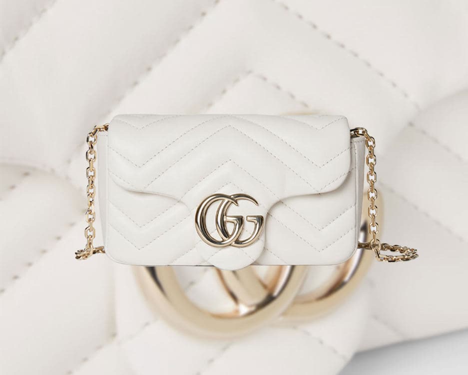 White Gucci GG Marmont Mini with chevron quilting and gold Double G hardware