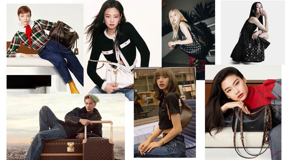 Collage of models and celebrities carrying a variety of designer handbags