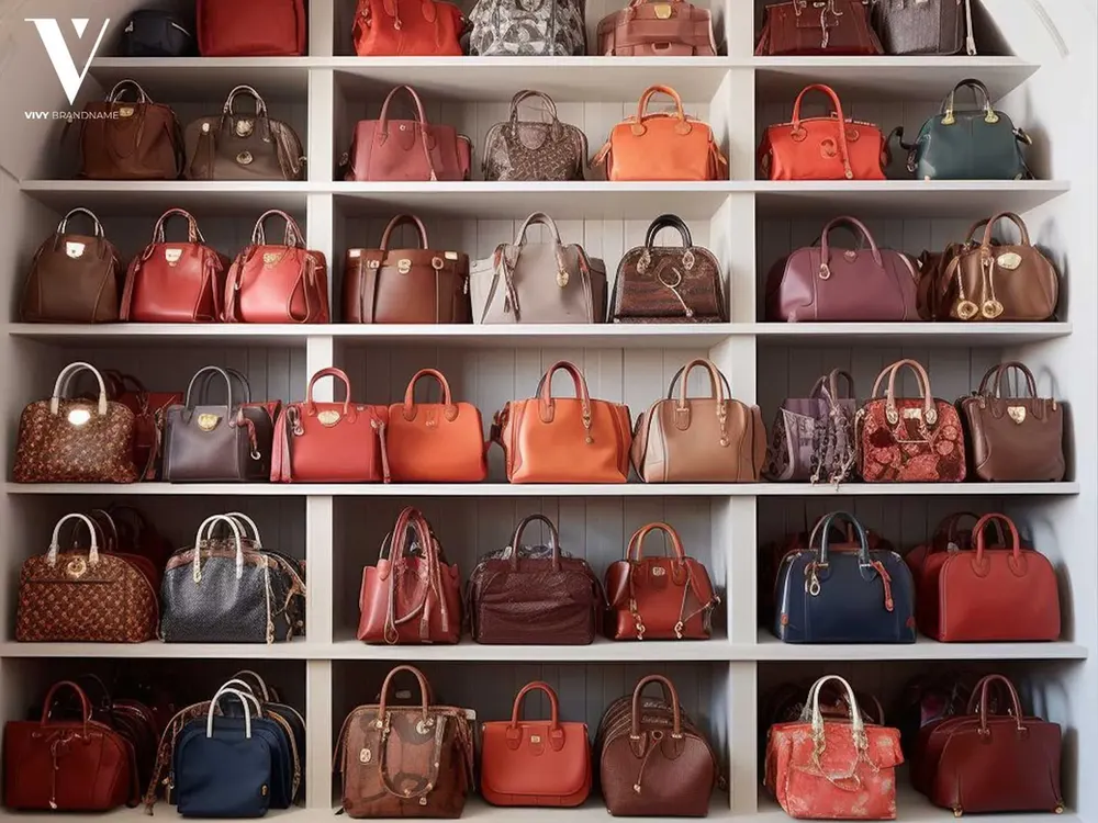 Wall shelves filled with designer bags in red, brown, blue and neutral tones