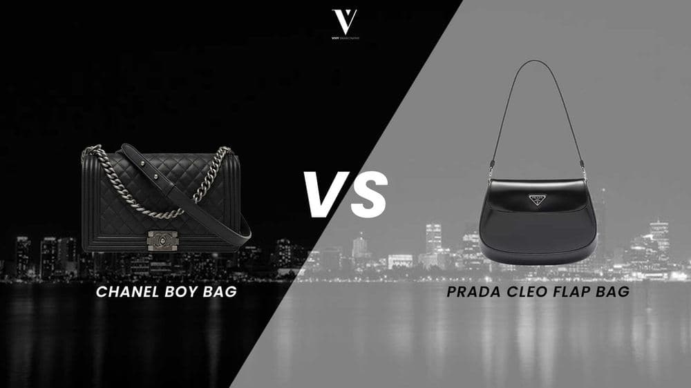 Black Chanel Boy Bag beside a black Prada Cleo Flap Bag