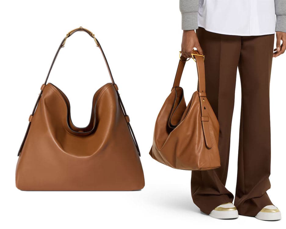 棕色 Gucci Beatrix Large Tote 的单独展示与模特手提效果