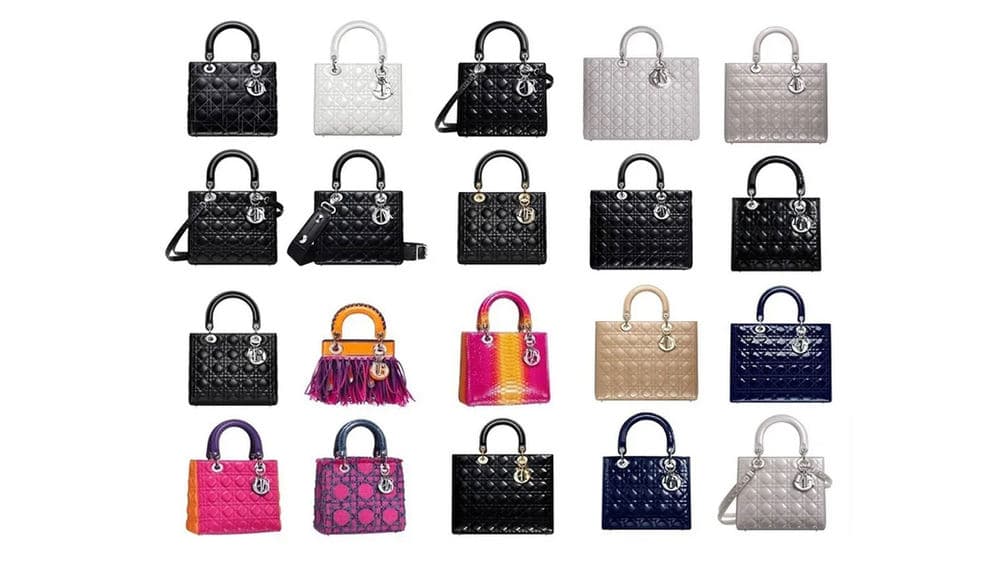 Grid of Lady Dior bags in multiple sizes, colours, and finishes