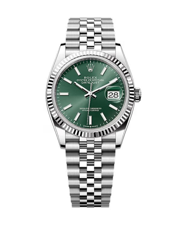 Steel Rolex Datejust 31 watch with a green dial