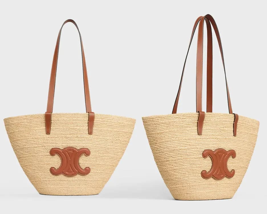 Two Celine raffia totes with brown handles, shown front and back
