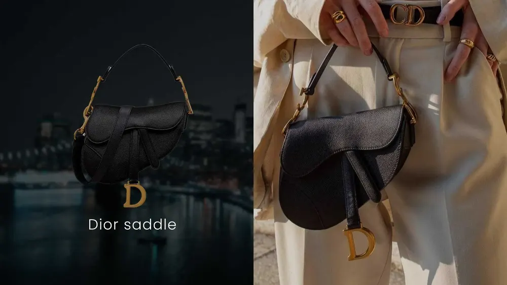 Black Dior Saddle Mini, shown alone and carried at a model's side