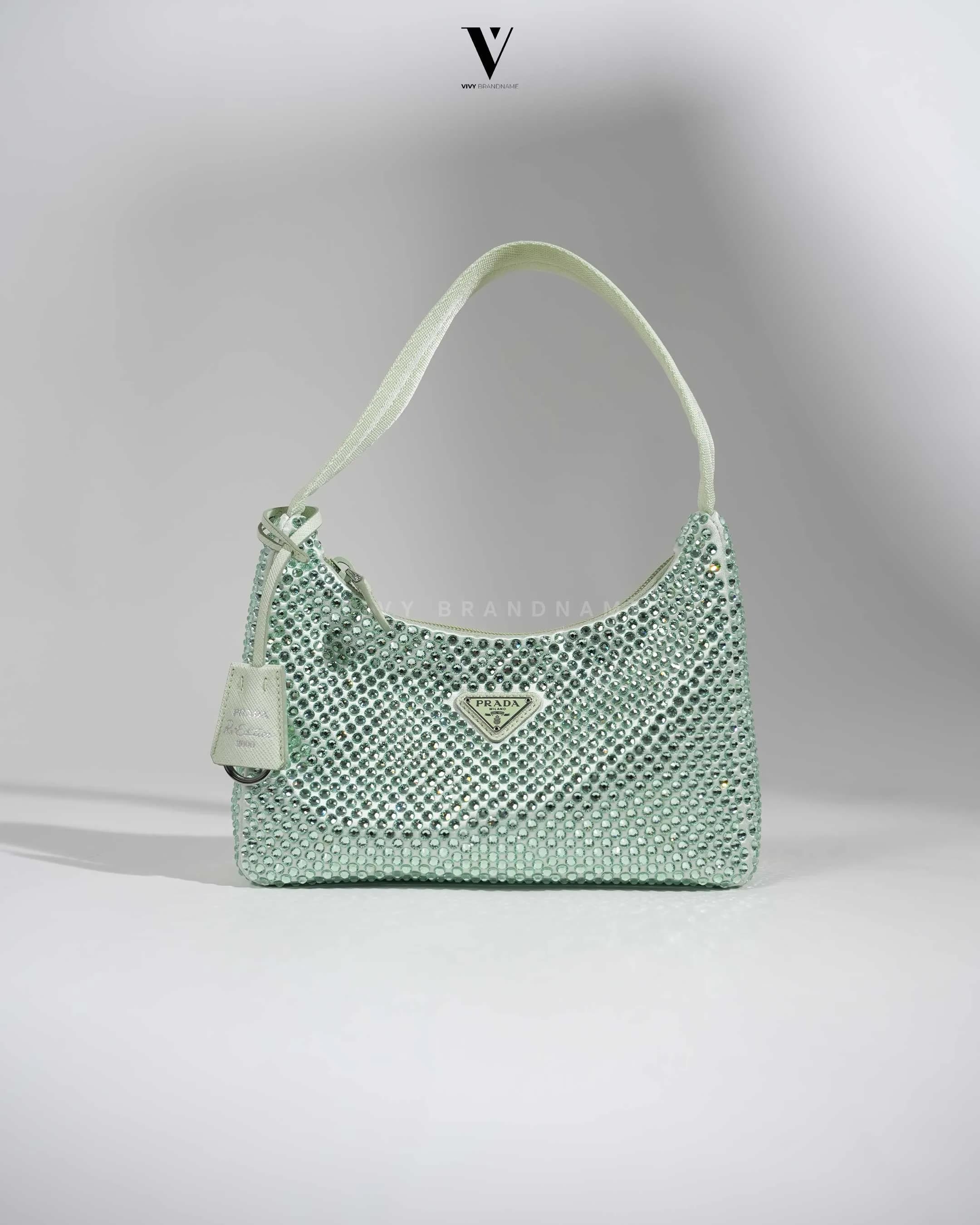 Prada Re-Edition 2000 — Re-Edition 2000 bag green satin fabric adorned with all-over crystals MCC