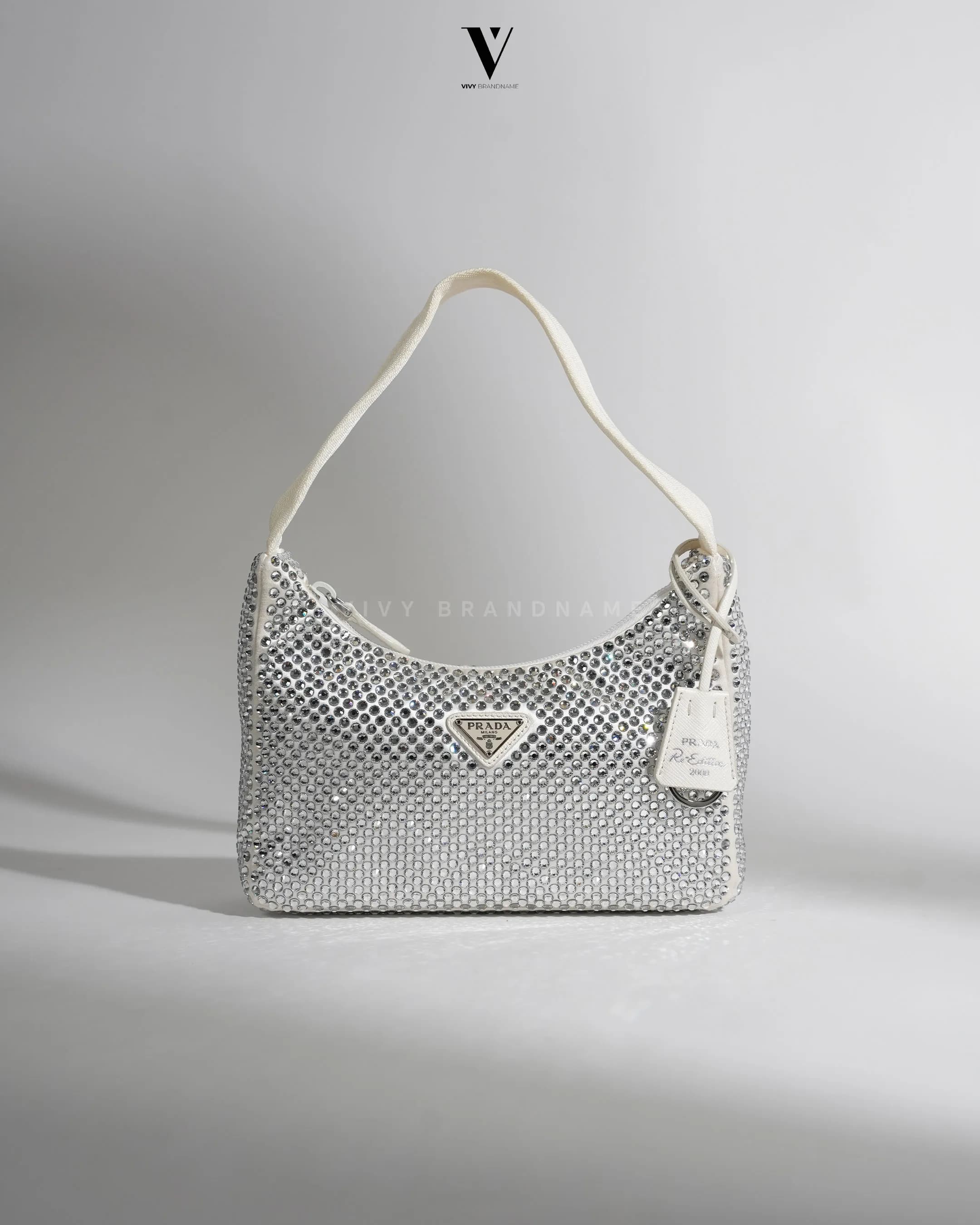 Prada Re-Edition 2000 — Re-Edition 2000 white satin fabric adorned with all-over crystals MCC