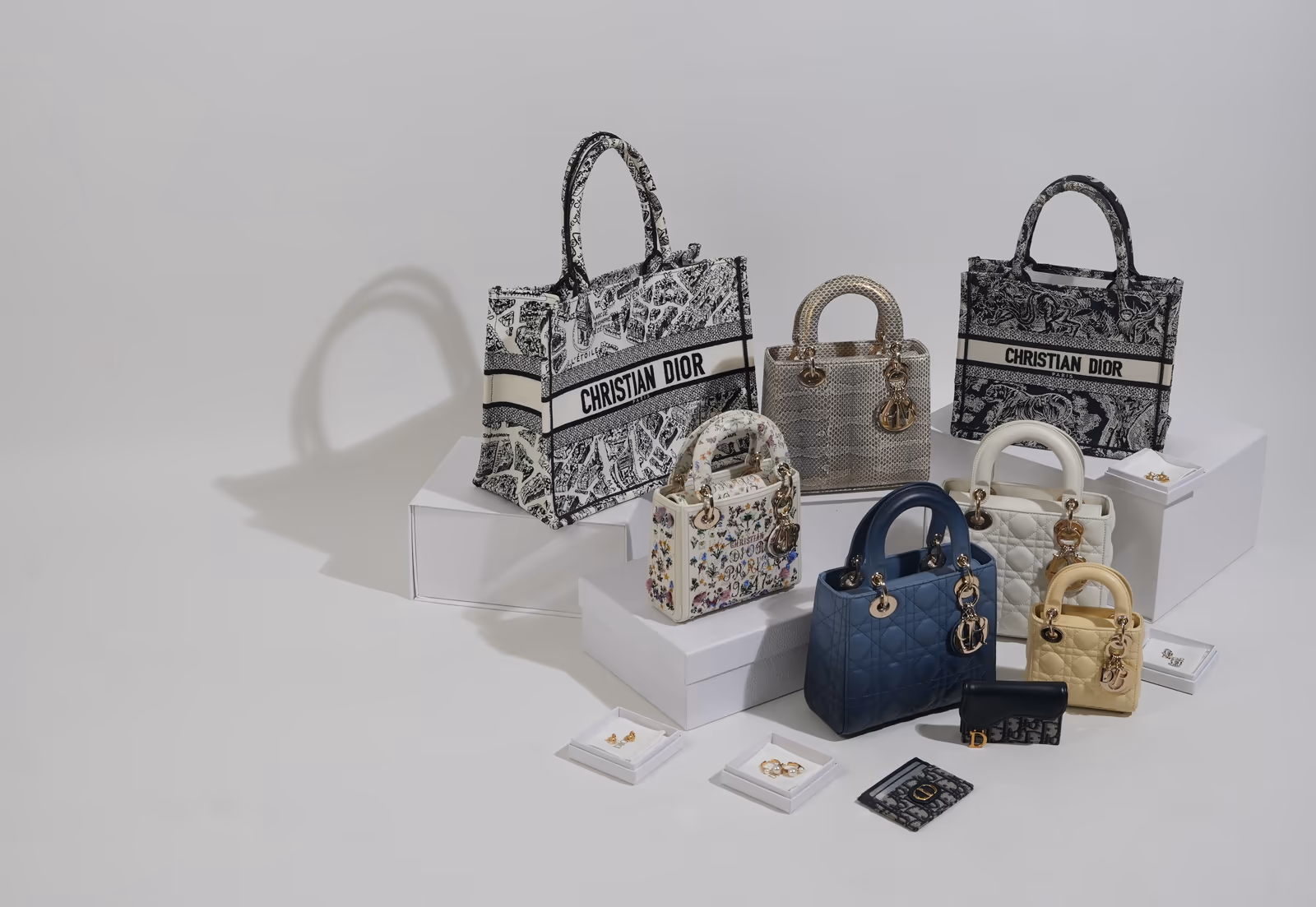 Dior Book Tote 与 Lady Dior 手袋陈列于白色展台上