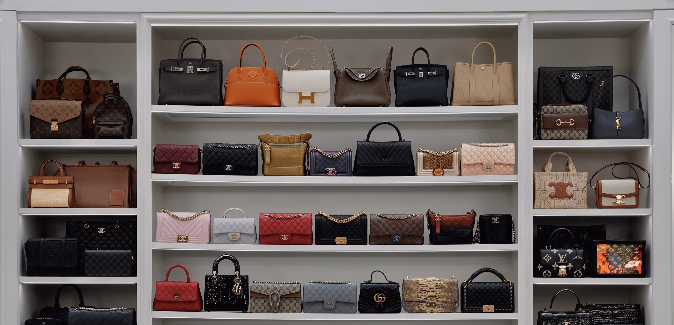 Luxury designer handbags displayed in the Vivy Brandname showroom