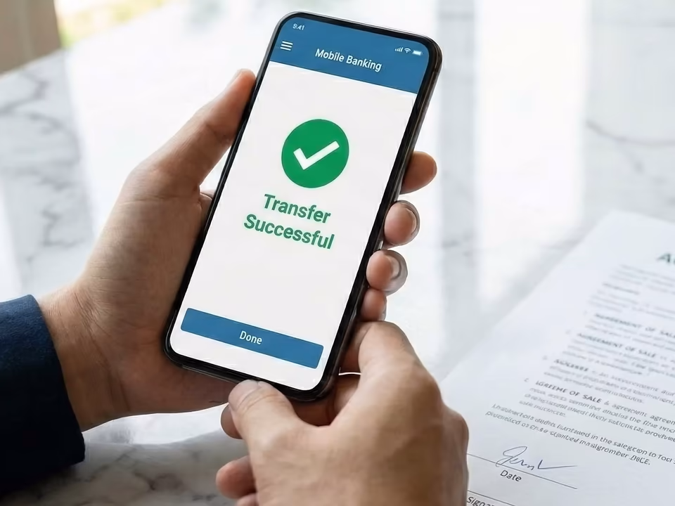 A successful bank transfer displayed beside a sale agreement