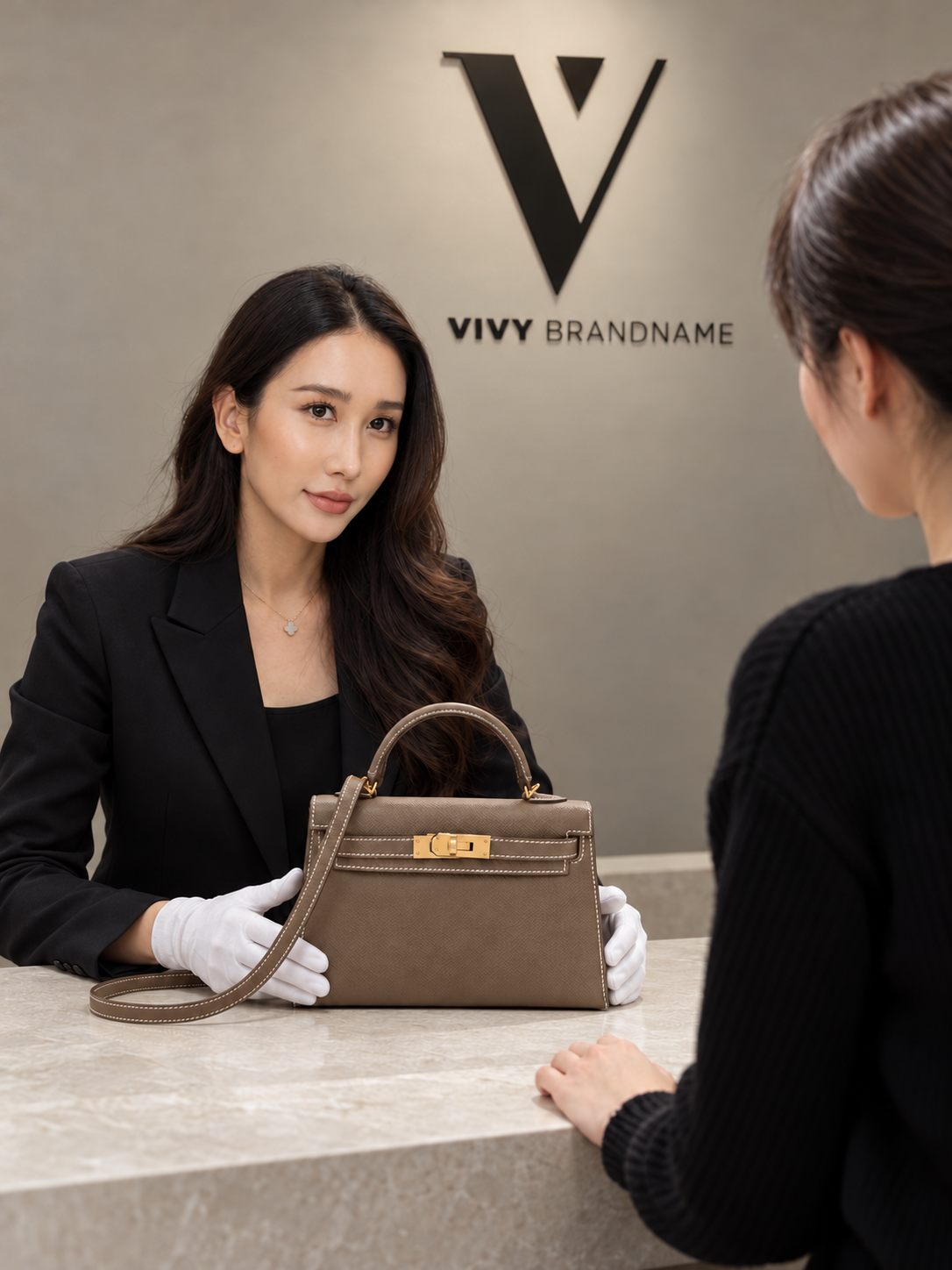 A Vivy Brandname specialist wearing white gloves presents a brown leather handbag to a client